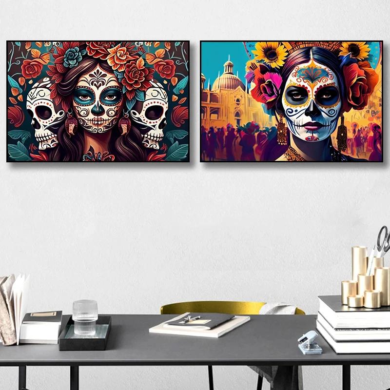 Day of The Dead Flowers and Beauty Skull Posters Prints Woman Halloween Canvas Painting Abstract Wall Art Picture Decoration