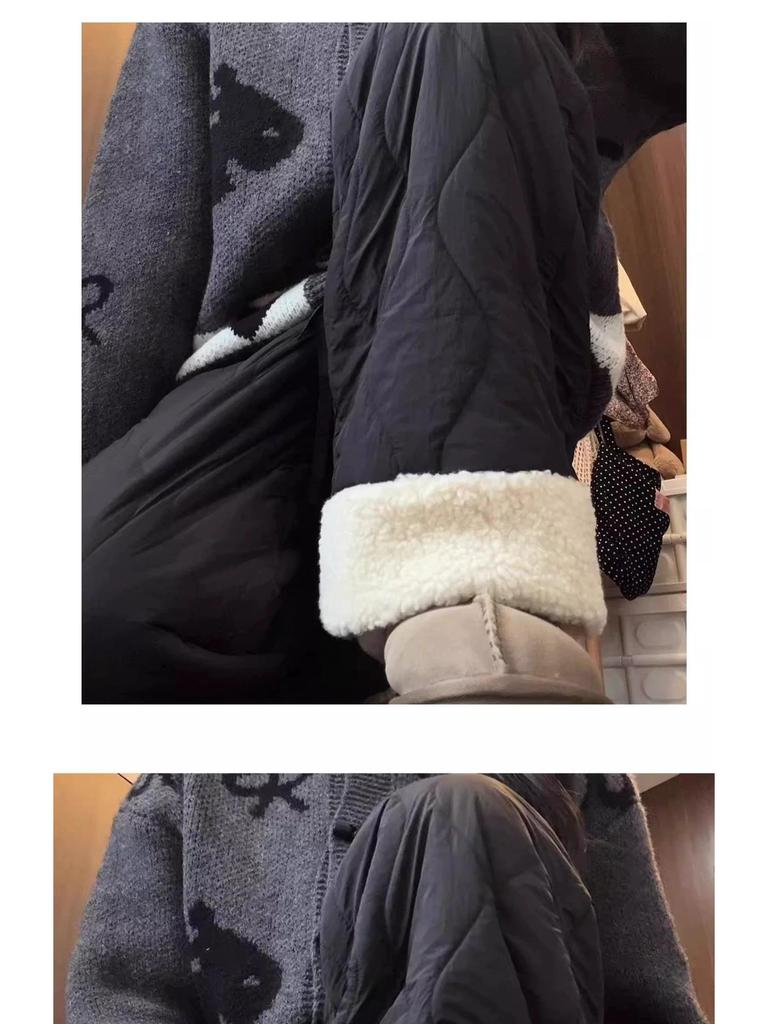 Women's Pink Fleece Cotton Wide-Leg Pants - Winter 2025 Casual Warm Plus Velvet Design