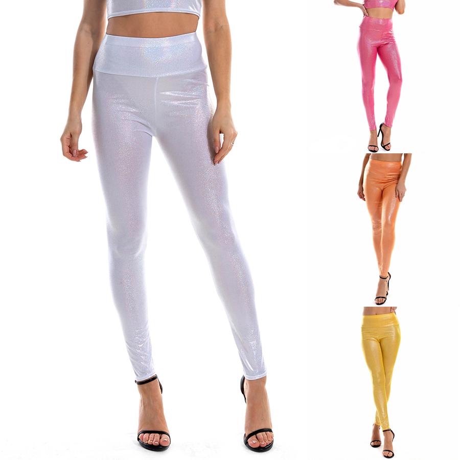 Kadın Parlak Metalik Tayt Seksi Yüksek Bel Elastik Skinny Pantolon Disko Pantolonu