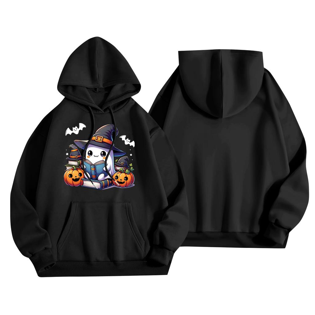 Dámský módní, ležérní, pohodlný svetr s kulatým výstřihem, s kapucí, s dlouhým rukávem, s halloweenským potiskem, hřejivý
