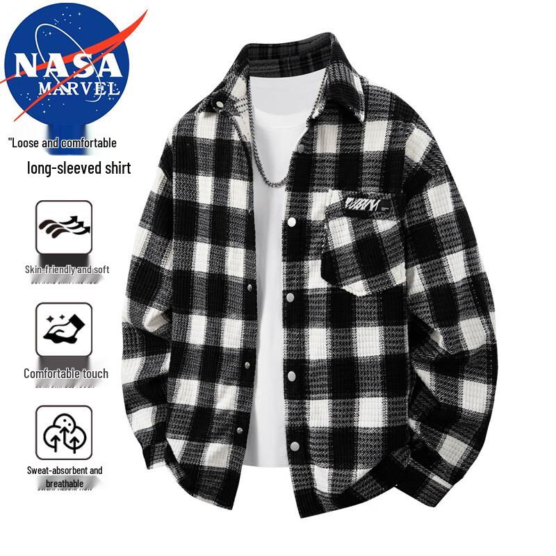 NASA MARVEL Men's Plaid Long Sleeve Shirt