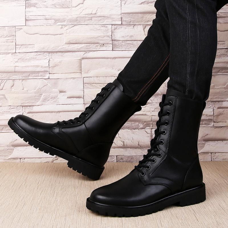 Plus Size Men's Black High-Top Cotton Martin Boots 48-52, Cowhide & Fleece Lined, Warm Workwear Shoes