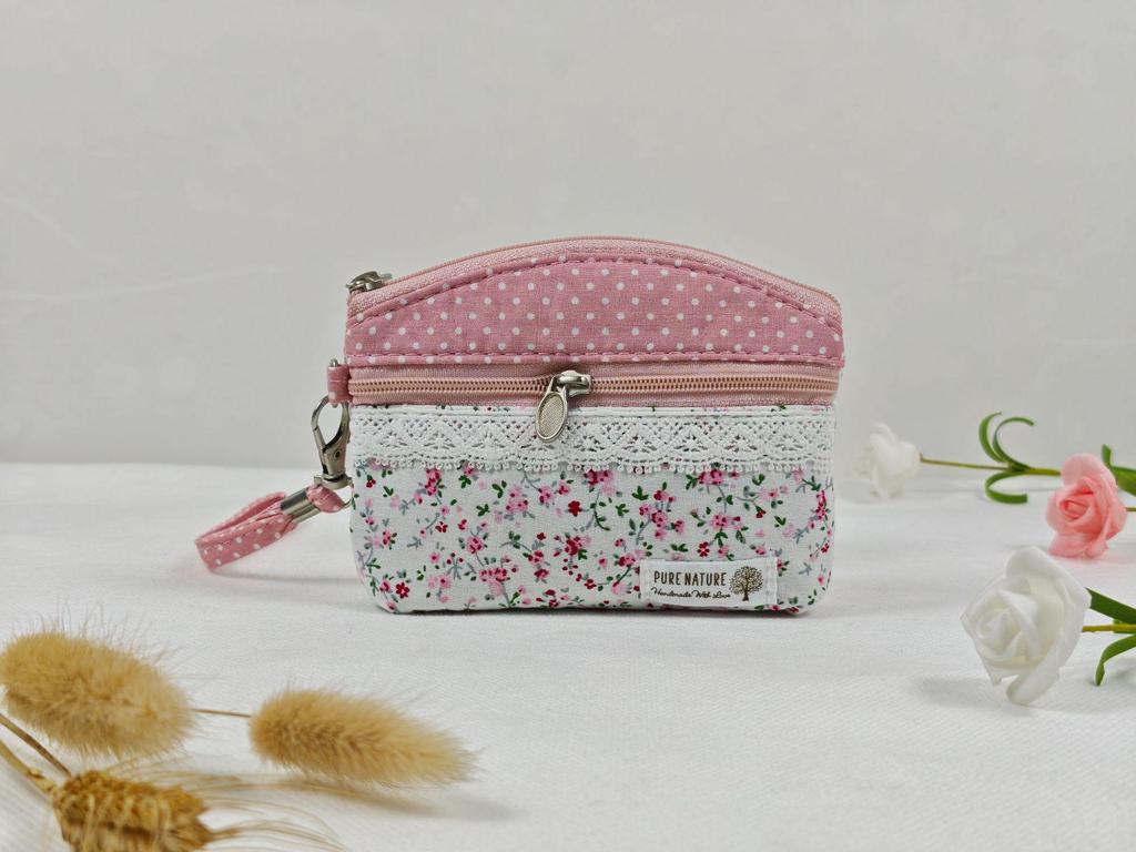 Pastorale Spitze Baumwolle Damen Doppel-Reißverschluss Münzbörse & Schlüsselanhänger