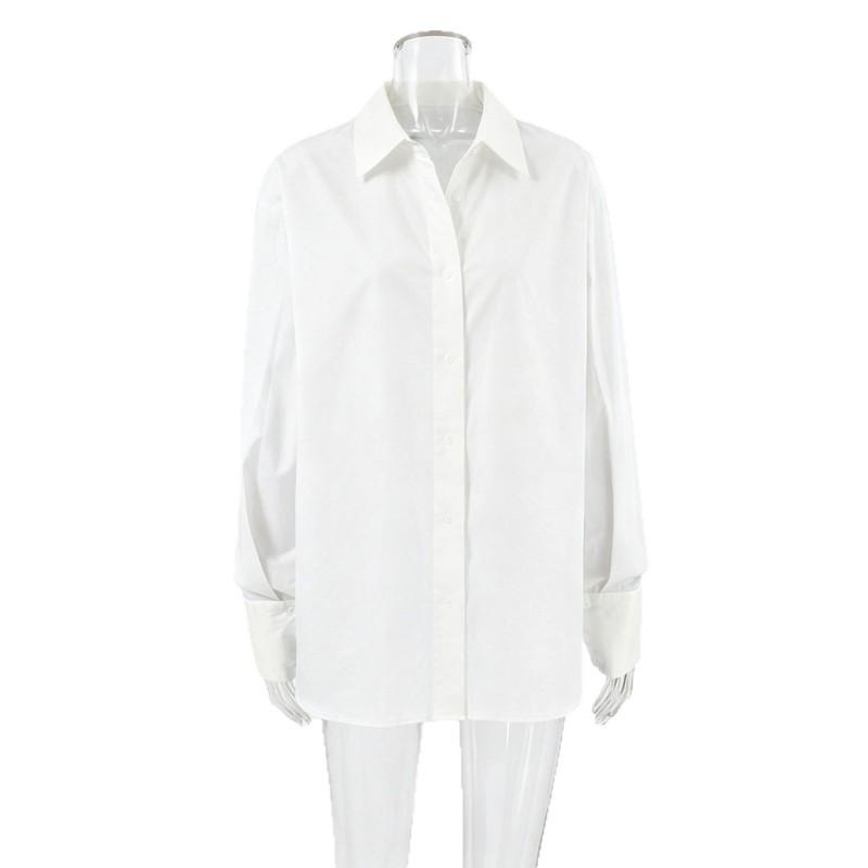 Womens Loose Fit Cotton Button-Down Shirt White Casual Office Blouse 2026