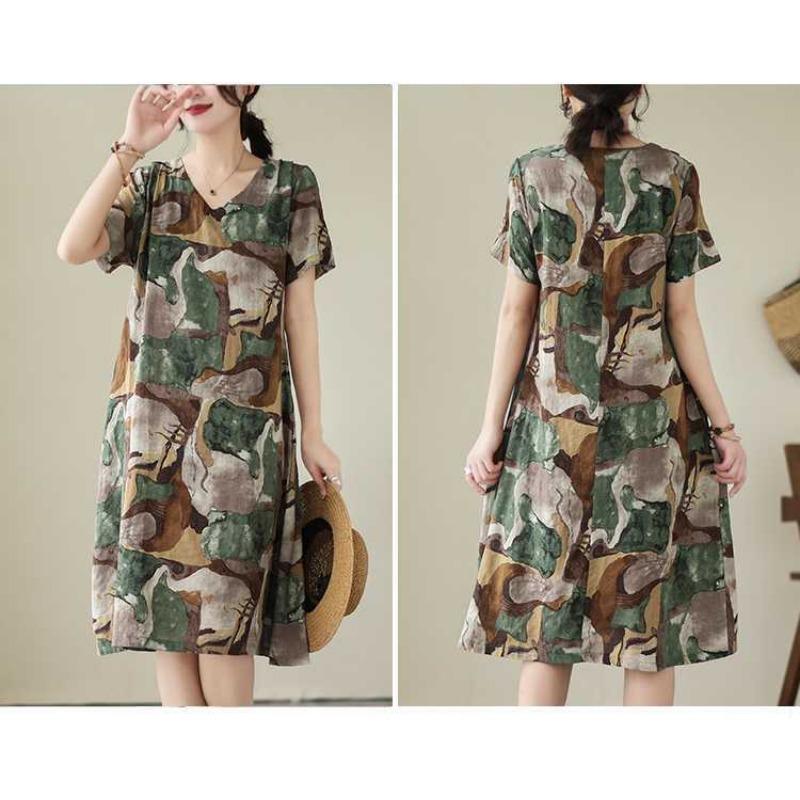 Temperament V-neck MIDI Vintage Print Loose A-line Skirt Short-sleeved Dress