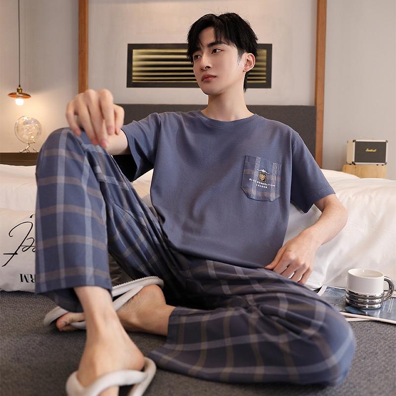 

Мужской летний хлопковый пижамный комплект 2024: Топ с коротким рукавом и длинные брюки для подростков 3XL (83-95 kg)