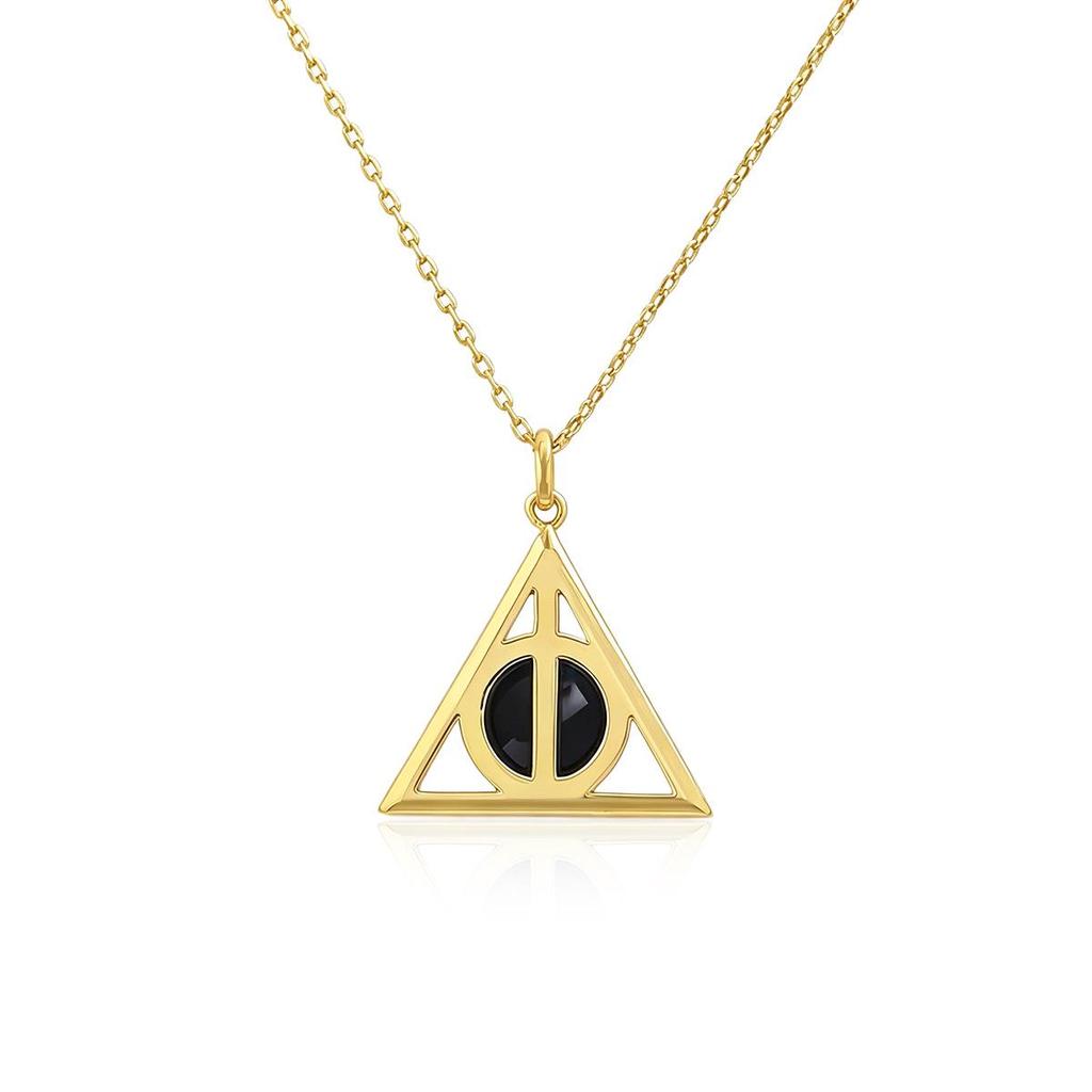 Harry Potter Deathly Hallows Necklace: 18K Gold-Plated Copper with Black Onyx Pendant - Film & TV Inspired Gift.