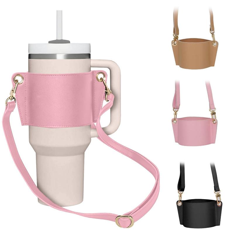 PU Leather Water Cup Cover for Stanley Mug 30oz&40oz Tumbler Adjustable Shoulder Strap Portable Lanyard Hanging Cup Accessories