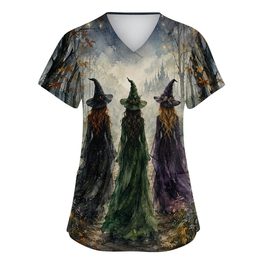 Women's V-Neck Short Sleeve Work Top with Pockets Halloween Print Caregiver Uniform