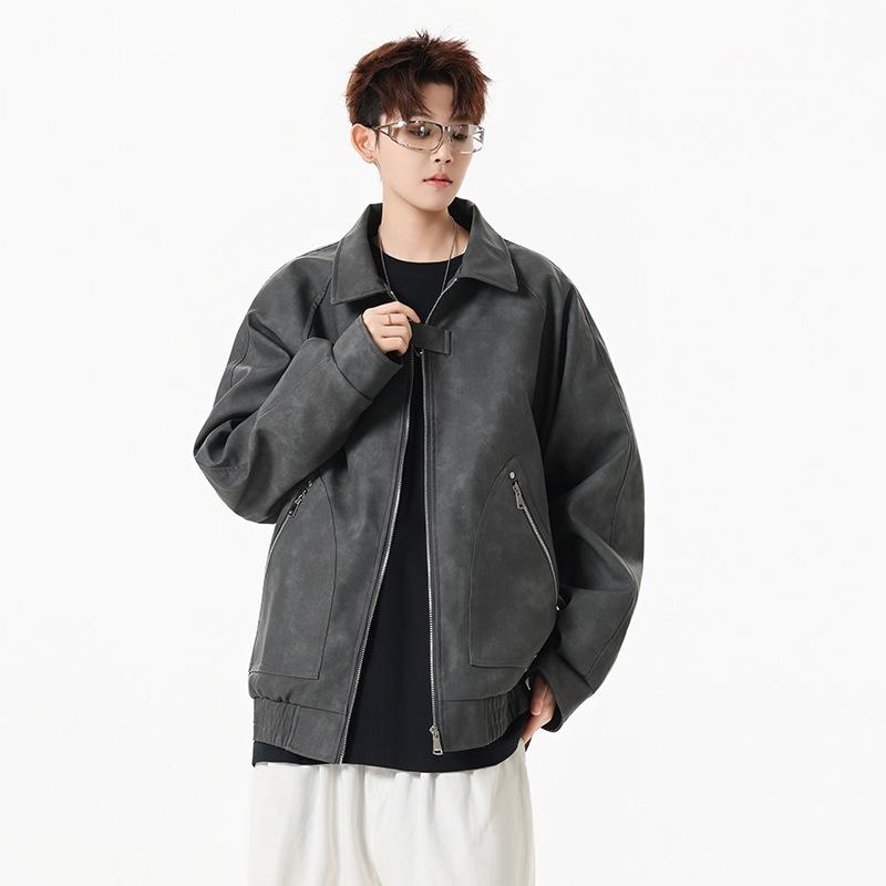 Loose men's leather jacket spring and autumn pu leather lapel xl large size trendy brand American retro casual leather jacket men
