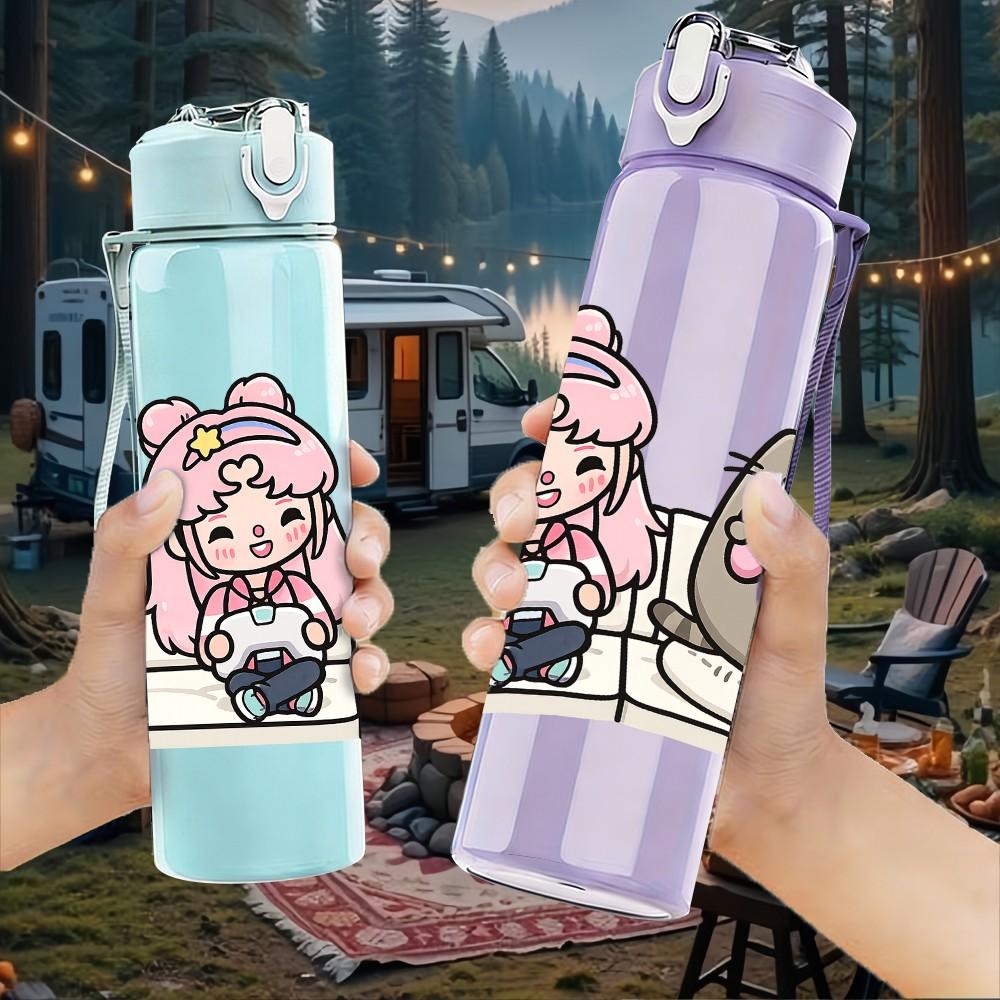 1PC Chubby Cat Girl Cartoon 750ml Color Plastic Sports Water Bottle Leakproof Flip Straw Lid Suitable for Sports Office Home Use