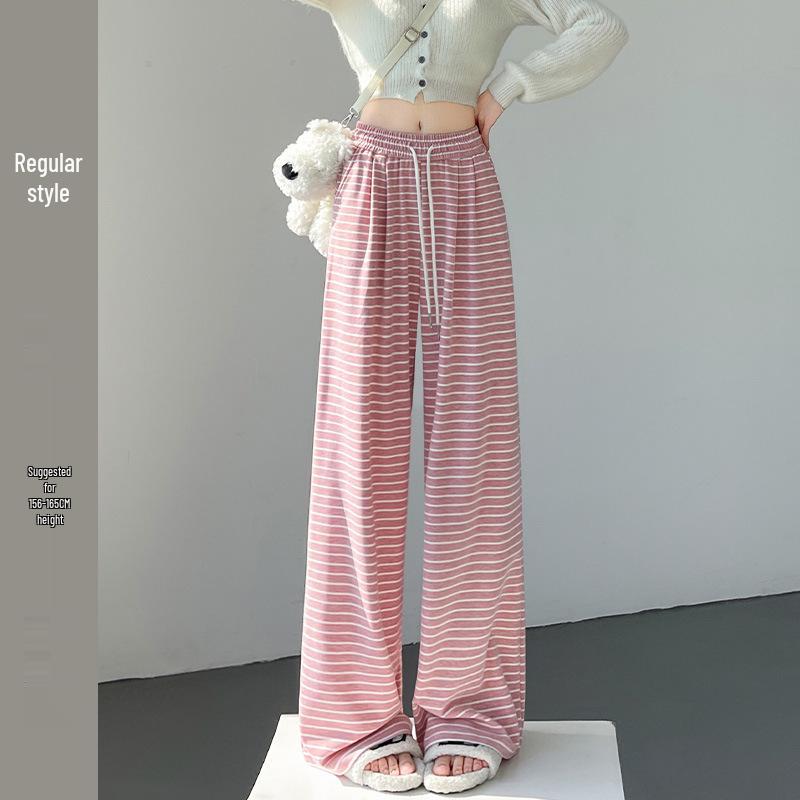 2025 Women's Black Stripe High Waist Wide Leg Pants - Spring/Autumn, Slimming & Casual