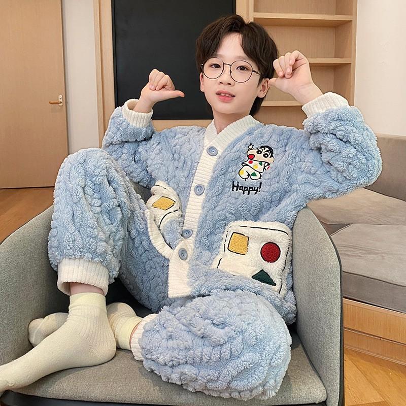 Boys Winter Warm Fleece Pajama Set With Zipper Collar Cartoon Print Long Sleeve Sleepwear Ages 8-14