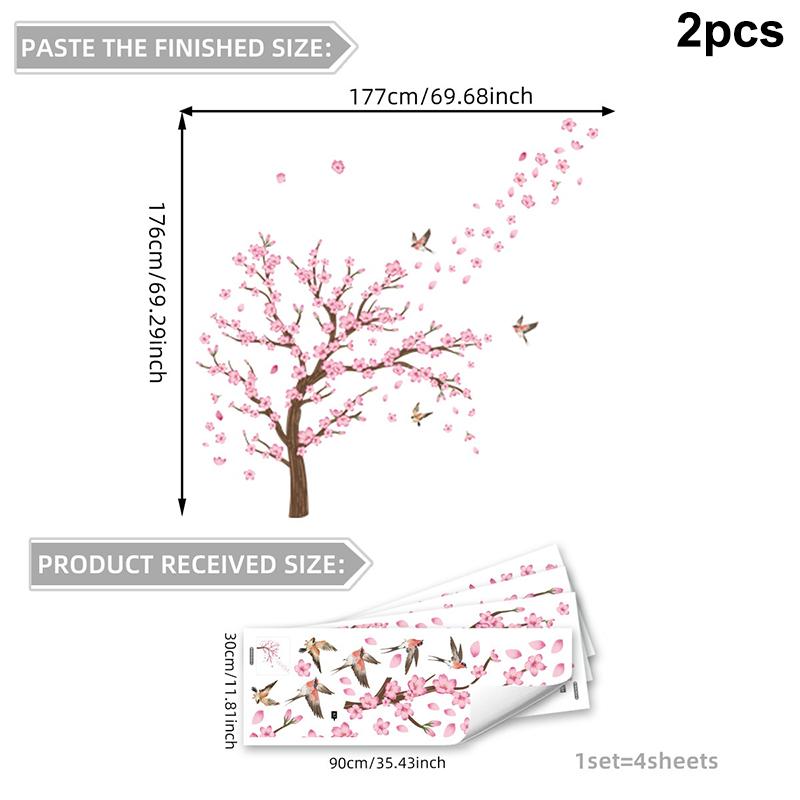 Kreativer Bunter Tuschemalerei Blumiger Pfirsichbaum Zweig Vogel Wandaufkleber Hintergrundwand Heimdekoration Selbstklebender Wandaufkleber