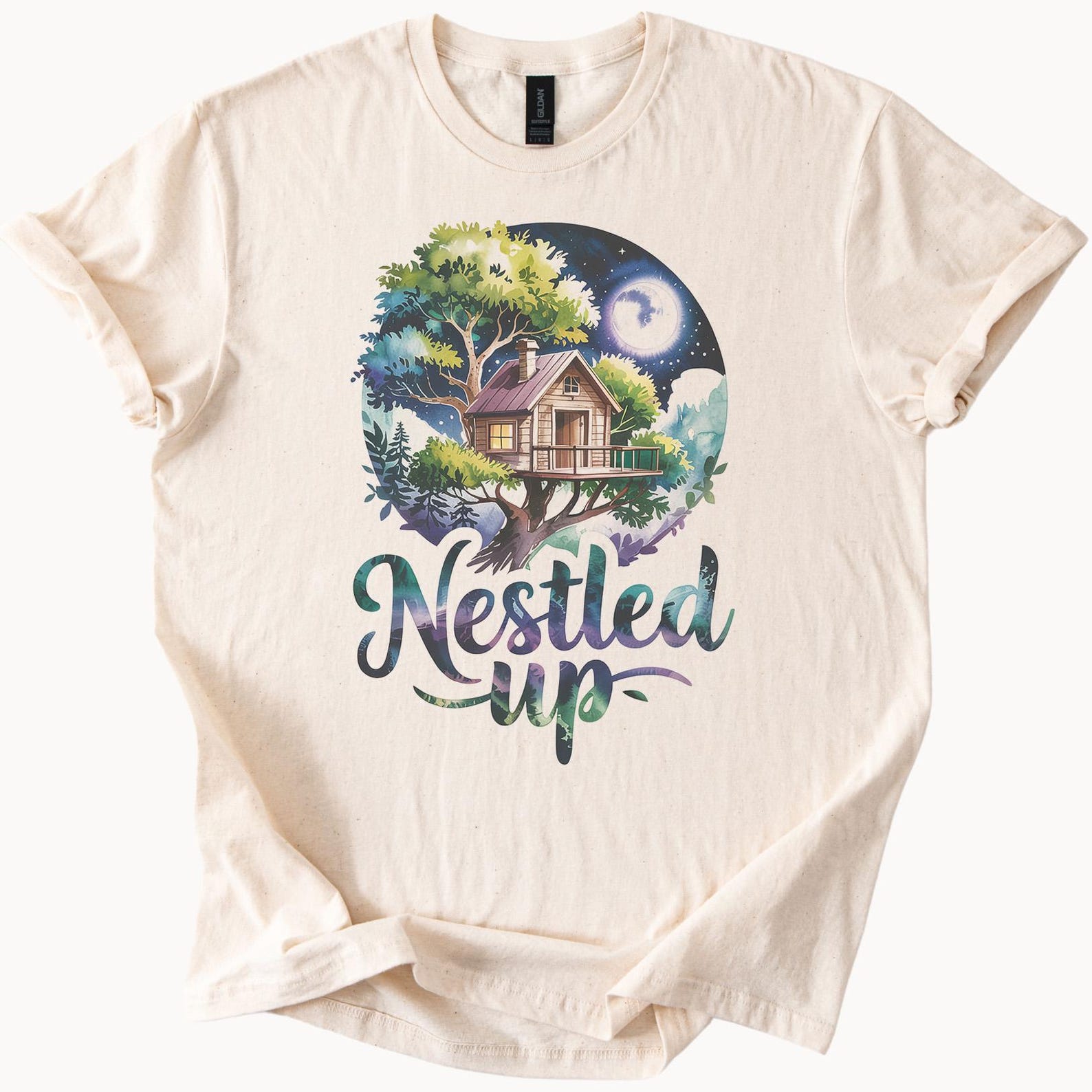 Cozy Treehouse Graphic Tee Nestled Up Nature Lover Shirt Whimsical Moonlight Cabin Top 160
