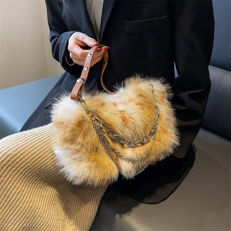 Stylish Urban Simple Plush Shoulder Bag With Chain For Women коричневый