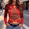 Damen Slim Fit T-Shirt mit Weihnachtsdruck, Langarm, Rundhalsausschnitt für die Feiertagsparty und Freizeitkleidung