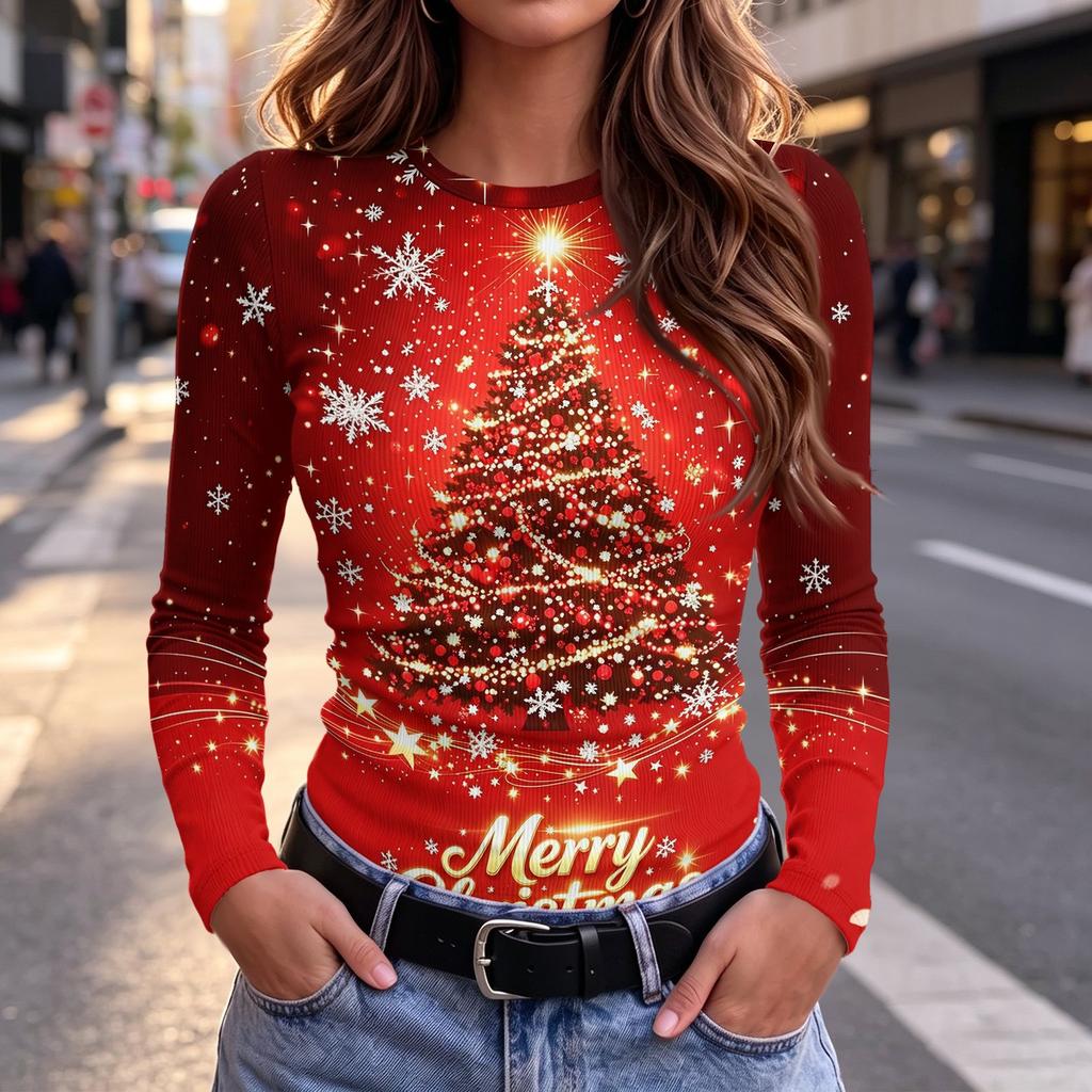 Damen Slim Fit T-Shirt mit Weihnachtsdruck, Langarm, Rundhalsausschnitt für die Feiertagsparty und Freizeitkleidung