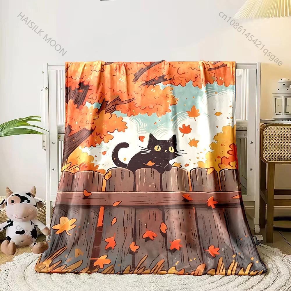 

1PC Black cat on fence in autumn Print Adult Children Warm Blankets Home Travel Car Soft Comfortable Suitable for all seasons 75x90cm