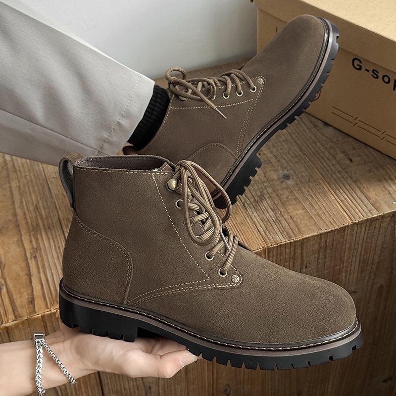2025 Men's Autumn/Winter Yellow Martin Boots, Cow Suede, Breathable, Versatile, Round Toe, Comfortable Mid-Top Style