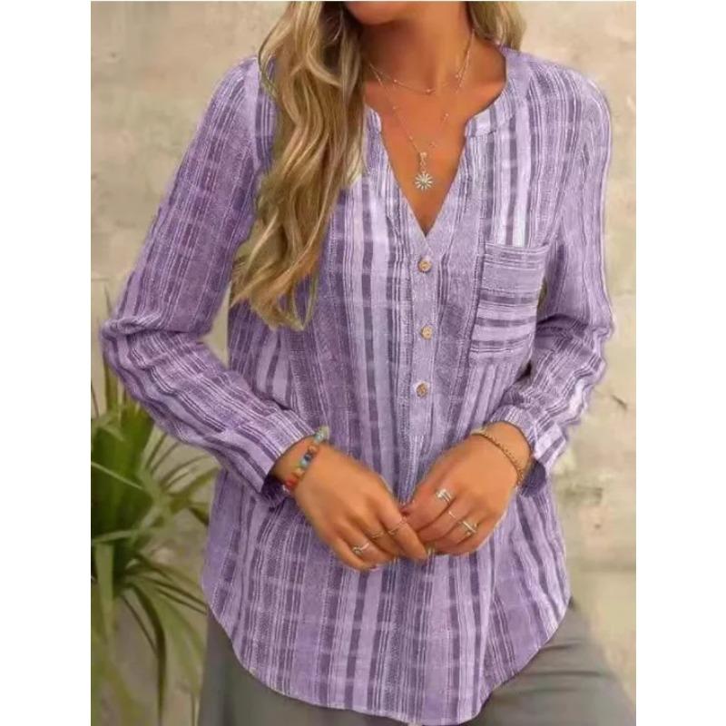 Women Shirts Fashion 2025 Spring Autumn Style Blouses Lady Casual Long Sleeve V-Neck Striped Printed Pockets Casual Loose Tops