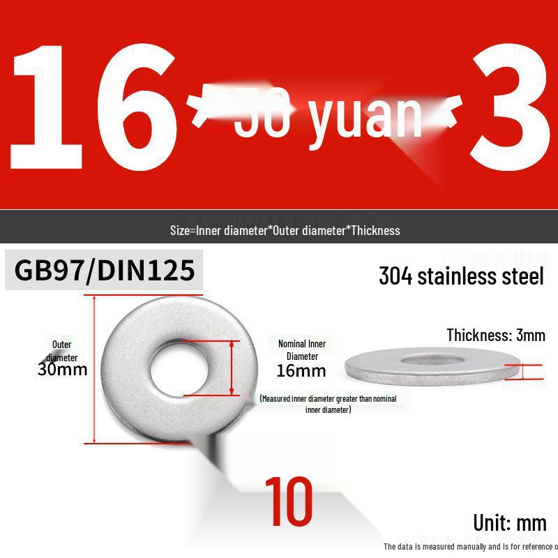 304 Stainless Steel Enlarged Flat Washer Ring (Sizes: M1.6-M22)