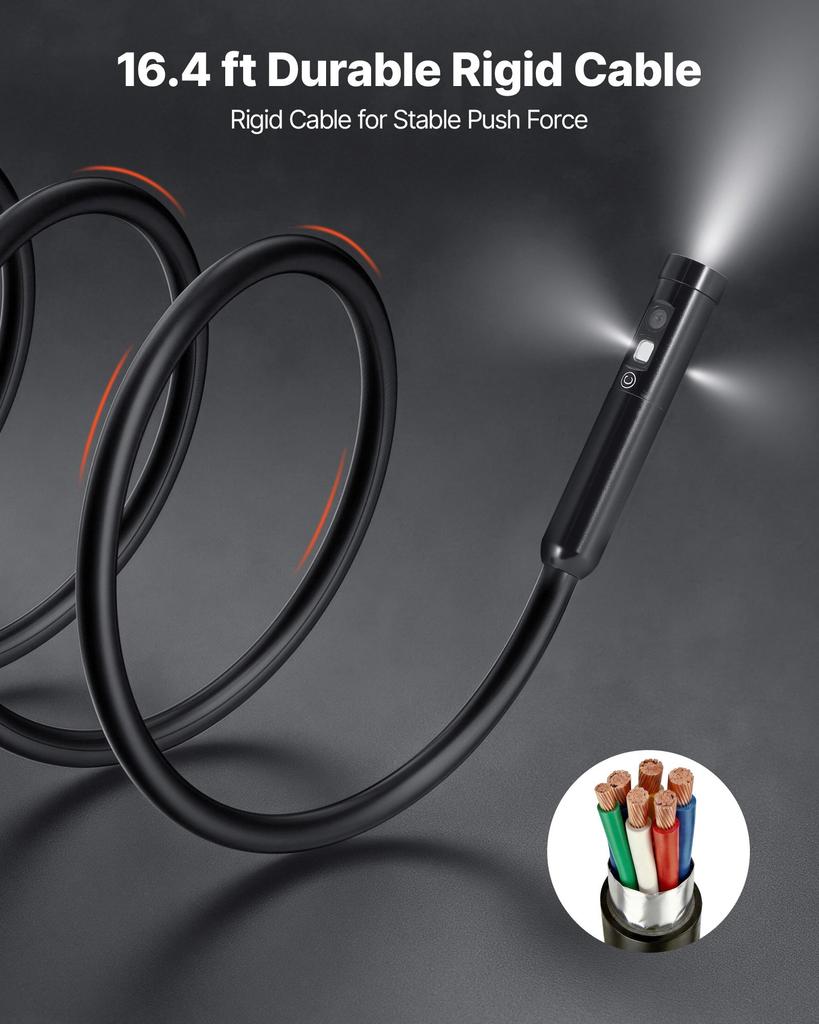 VEVOR Triple Lens Endoscope with Light, 5" HD IPS Screen Industrial Borescope Camera, 1280 X 720 Lens, 8 + 2 LEDs, 8X Zoom