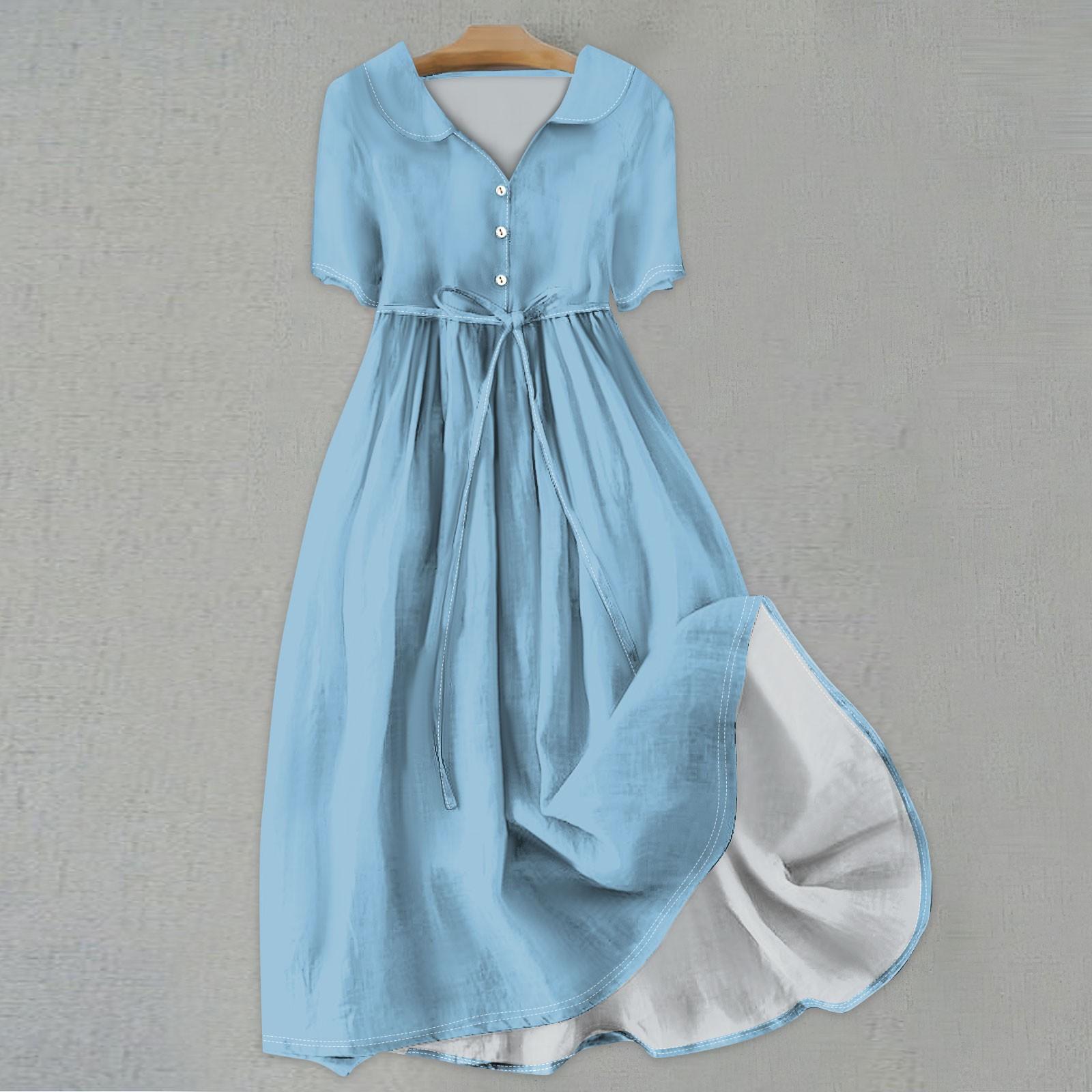 Women s Fashion Color Lapel Collar Button Short Sleeve Clothing Straps Dress XXXL синий