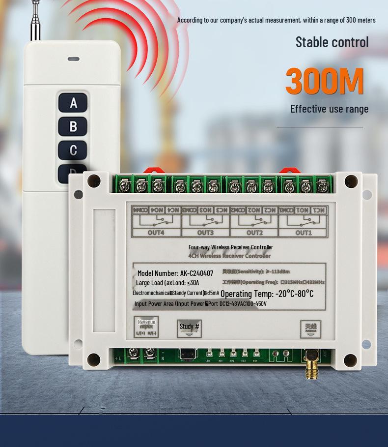 Wireless RF Remote Control Switch, 30A High Power Relay, 100V-400V, Jog, Self-Locking, Interlock.