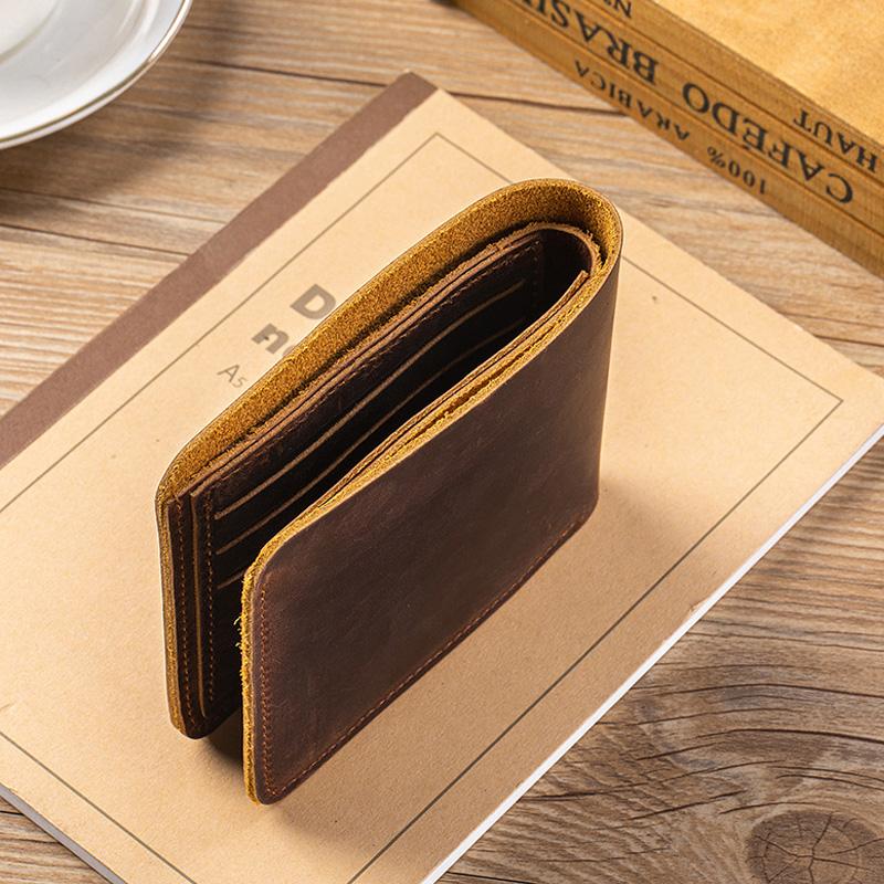 Portofel Bifold Slim pentru Bărbați din Piele Naturală Crazy Horse, Artizanal, Vintage, Suport Carduri din Piele de Vacă, Portmoneu Scurt cu Buzunar pentru Monede