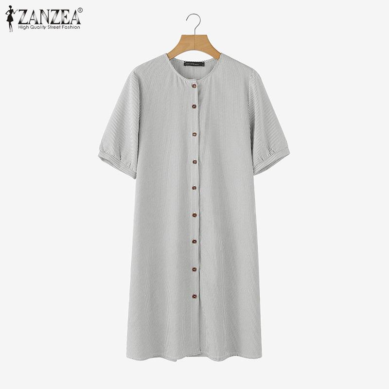 ZANZEA Women Casual Round Neck Short Sleeve Loose Stripe Dress