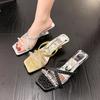 Glitter Rhinestone Decor Thin Heels Slippers Women Square Toe Open Toe High Heels Sandals Summer Dress Shoes Wedding Shoes