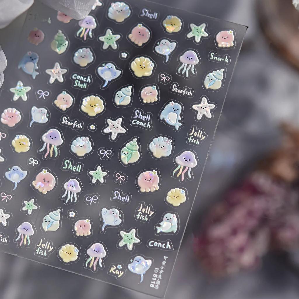 5D Deep Sea Fish Nail Art Stickers Shimmery Bubble Colorful Marine Life Nail Decals Ocean Self Adhesive Manicure Decal