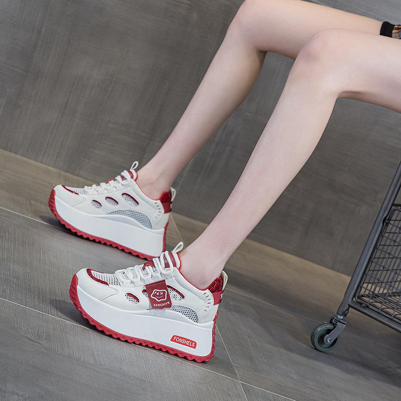 Thick-soled White Shoes 2025 New Models Increase by 8 Cm, Show Feet, Small Casual Versatile Color Matching, Transparent Net Student Women's Shoes