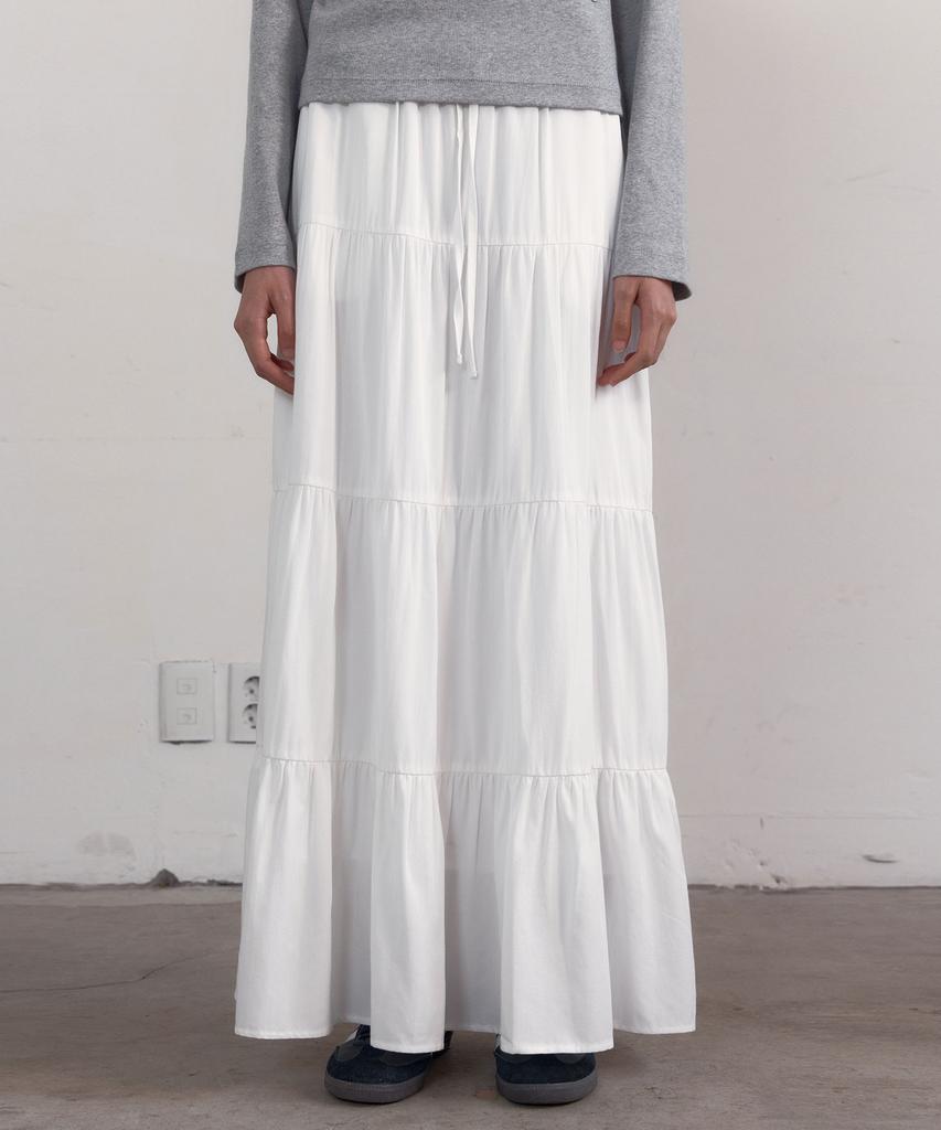 38 Come On Common Shirring Tiered Banding Skirts (White) - Long Length