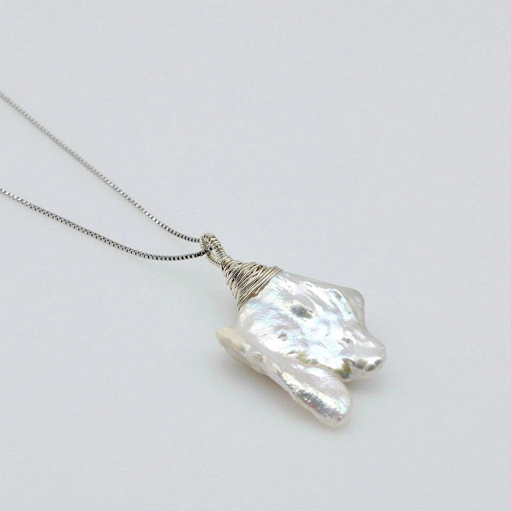 Large Pearl Pendant Natural White Freshwater Pearl Irregular Shape Handmade Silver Pendant Necklace Women's Silver Necklace