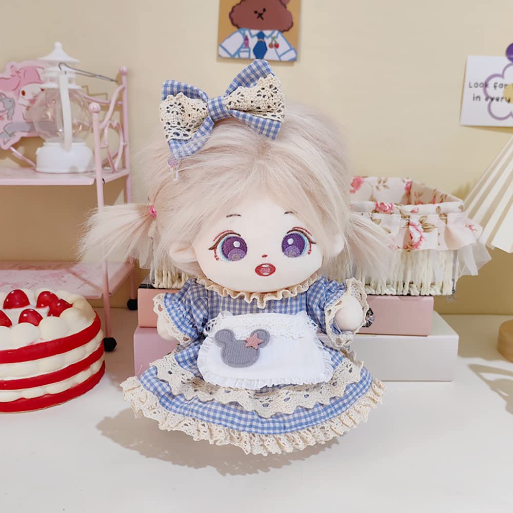 Niannyyhouse 20cm Plush Clothes Checkered Maid Outfit Headwear Apron Dress Dress-Up Cotton Doll Accessories (Pink)