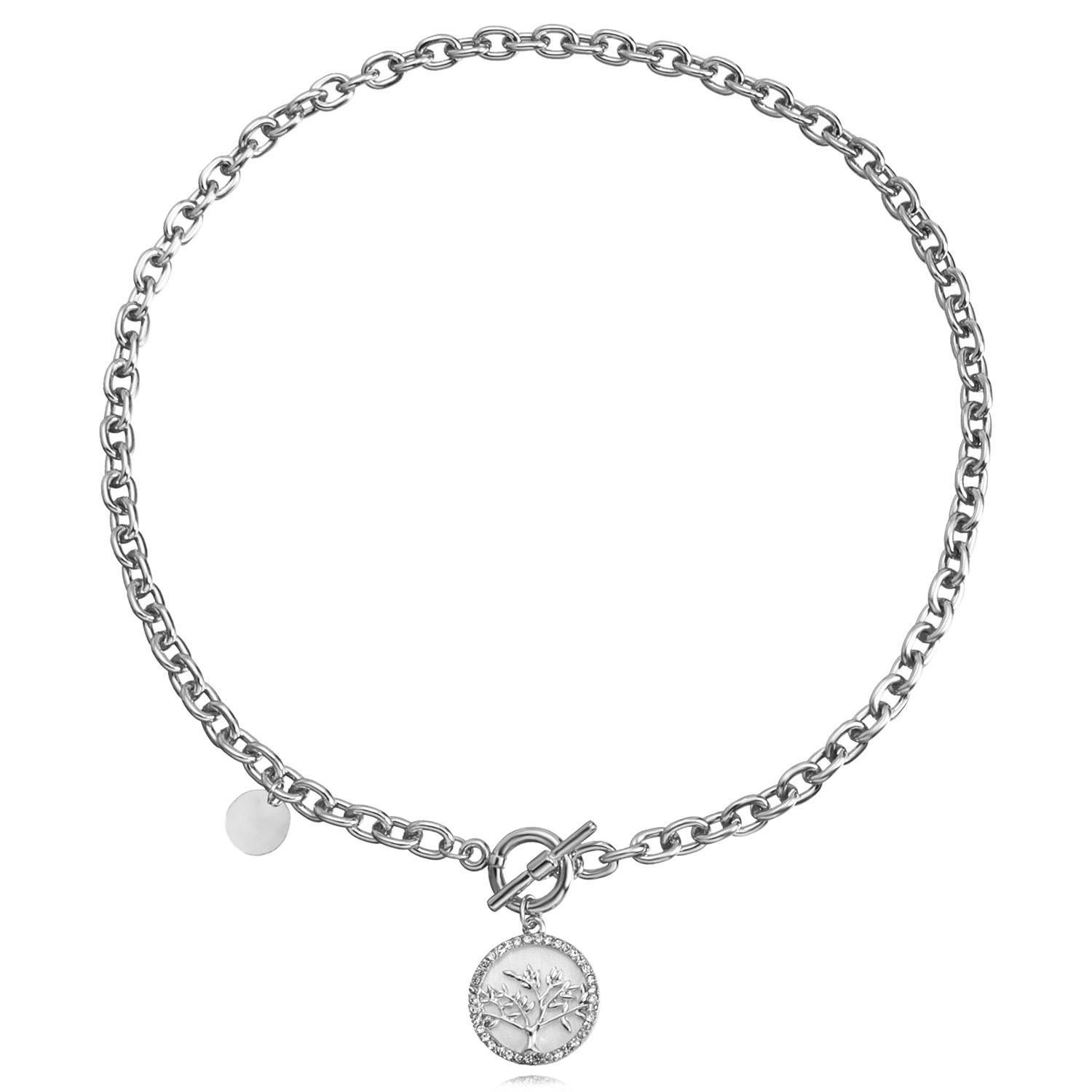 

Fashion Metal Aluminum Coarse Chain Necklace, Micro Diamond Tree of Life Black and White Fritillary Pendant Necklace