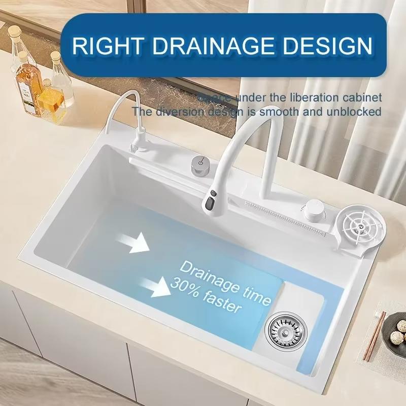 Kitchen Sink Nano Multifunction White Waterfall Faucet Large Single Bowl Wash Basin Cup Washer Pure Tap Soap Dispenser SUS304