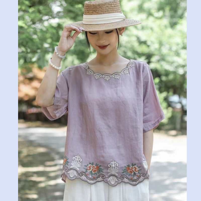 This year's new cotton and linen short-sleeved women's embroidery literary and retro style casual versatile loose round neck summer comfortable thin