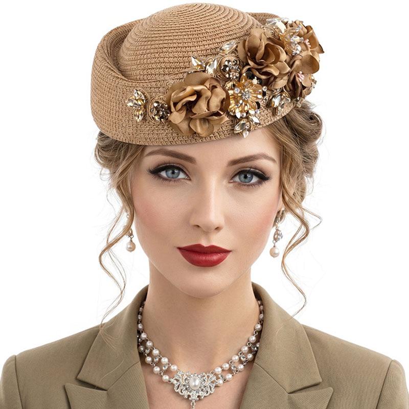 Berretto Elegante Vintage Donna Chiesa Derby Fascinator Con Fiore Berretto Morbido Paglia Cappelli Festa Steward di Compagnia Aerea Cappelli