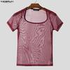 INCERUN Men Short Sleeve Mesh Sheer Sexy Party Club T-shirts Tops