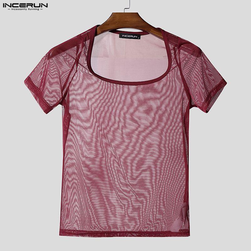 INCERUN Men Short Sleeve Mesh Sheer Sexy Party Club T-shirts Tops