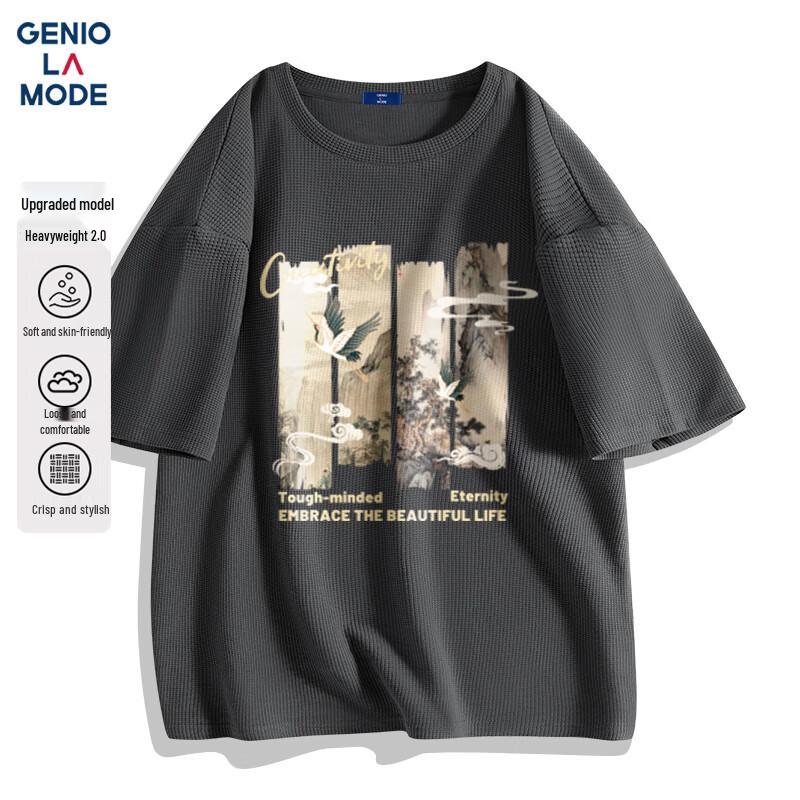 GENIOLAMODE Men s Heavyweight Waffle Knit Printed Crewneck T-shirt XL