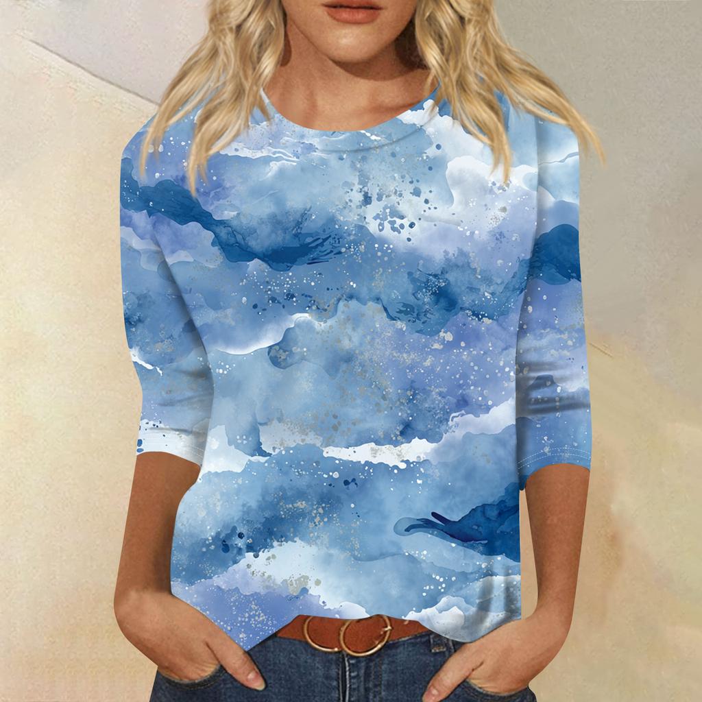 Women's Fashion Casual Round Neck Three-quarter Sleeve Gradient Print T-shirt Top