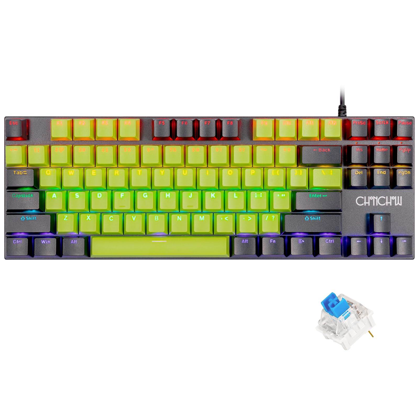 

CHONCHOW Gaming Keyboard Blue Axis Key RGB Mechanical Keyboard with LED Backlight Compatible with Wired Numeric Keypad 87 Keys All Keys 26 Light Modes