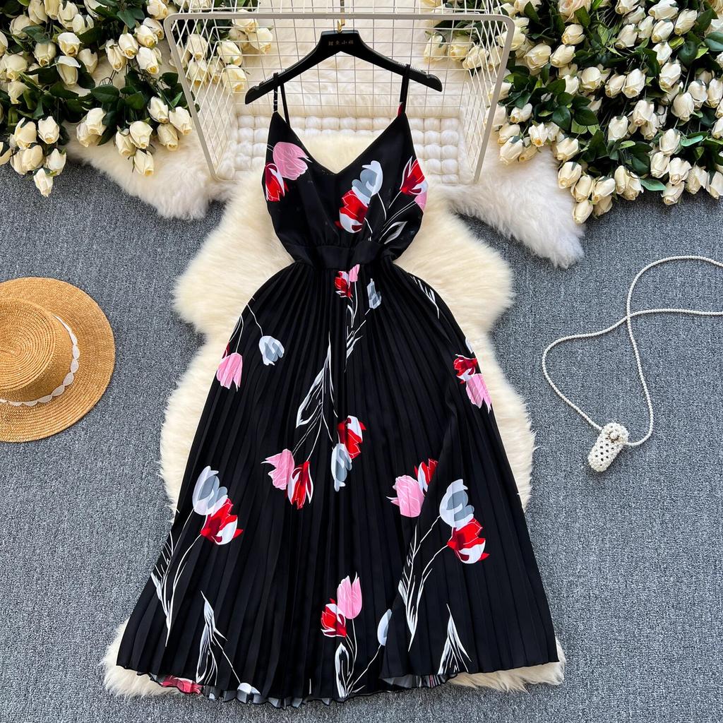 Dámské šaty Francouzský Retro Sváteční Styl Květinový Potisk Sexy Šaty Nepravidelný Výstřih do V Slim Plisované Letní