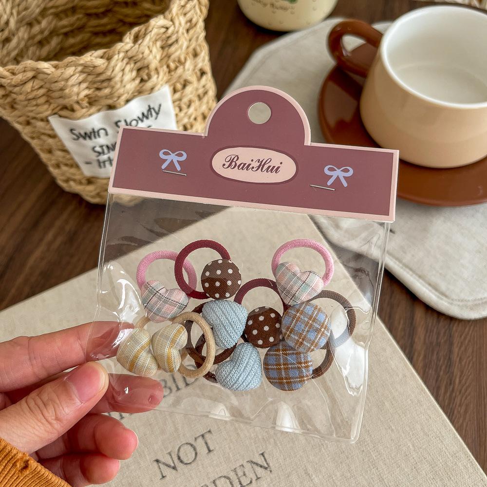 

10 Pcs/Pack New Kids Love Plaid Round Bean Hair Band Rubber Band Basic High Elastic Rubber Band Children s Simple Hair Rope