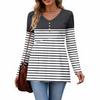 Women's Casual Fashion V-Neck Button Striped Long Sleeve Top