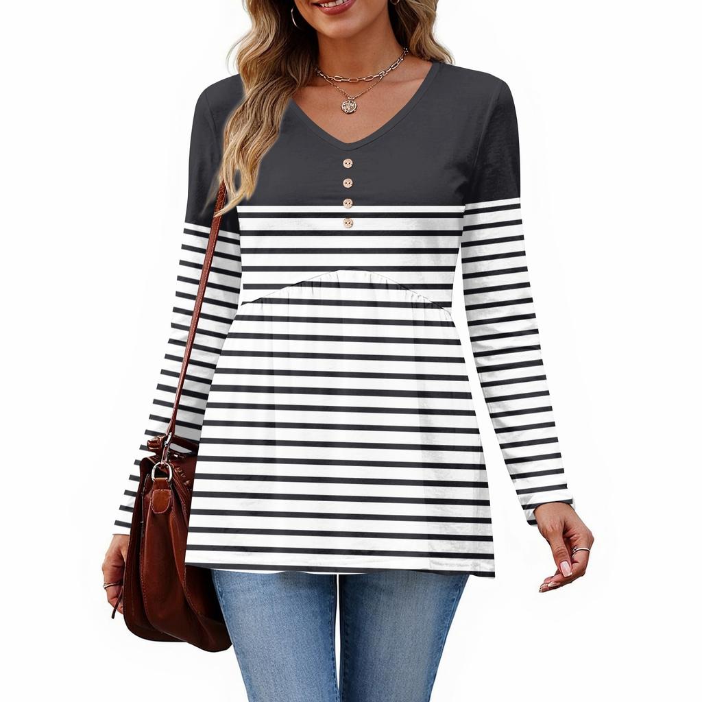 Women's Casual Fashion V-Neck Button Striped Long Sleeve Top